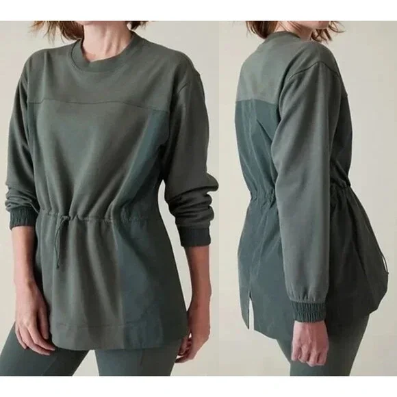 ATHLETA Triumph Crewneck Sweatshirt Bali Green Stretch Drawstring Women's Sz XXS - Picture 1 of 13